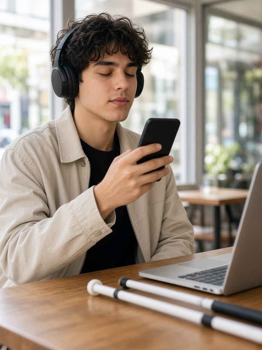 Een jonge blinde persoon luistert met een koptelefoon naar een smartphone, met een laptop en taststok op tafel