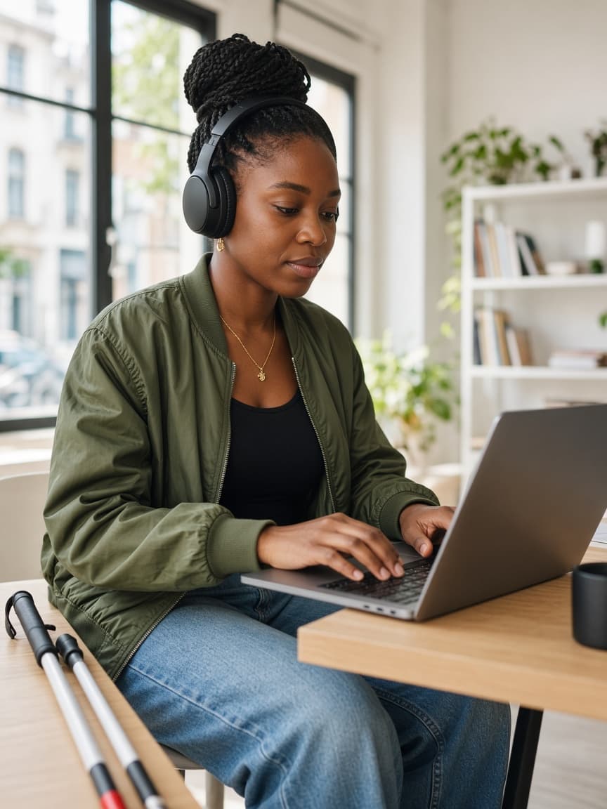 Een jonge blinde vrouw met koptelefoon typt op een laptop, met een taststok naast haar